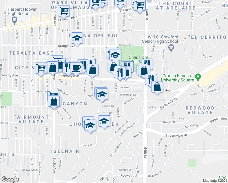 map of restaurants, bars, coffee shops, grocery stores, and more near 3828 52nd Street in San Diego
