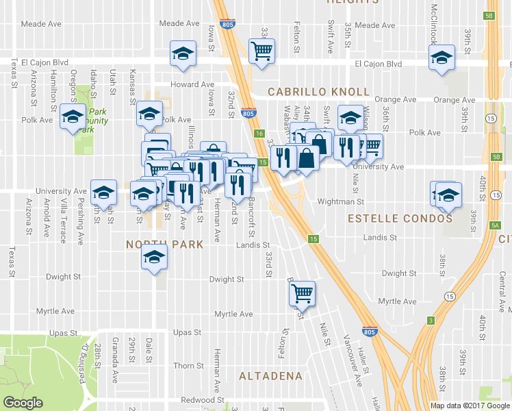 map of restaurants, bars, coffee shops, grocery stores, and more near 3832 33rd Street in San Diego