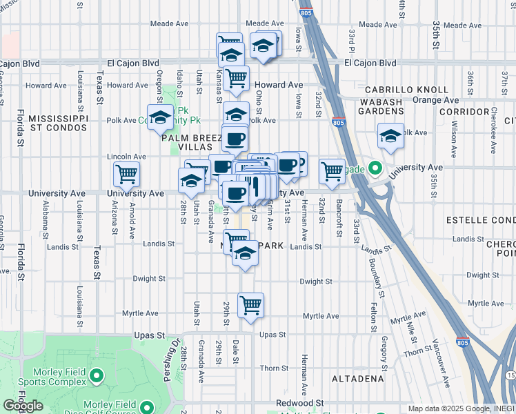map of restaurants, bars, coffee shops, grocery stores, and more near in San Diego