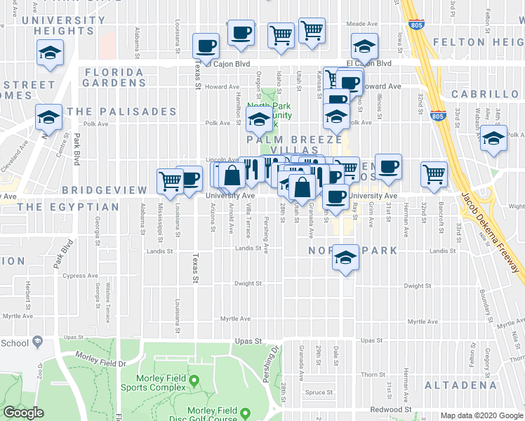 map of restaurants, bars, coffee shops, grocery stores, and more near 3820 Pershing Avenue in San Diego