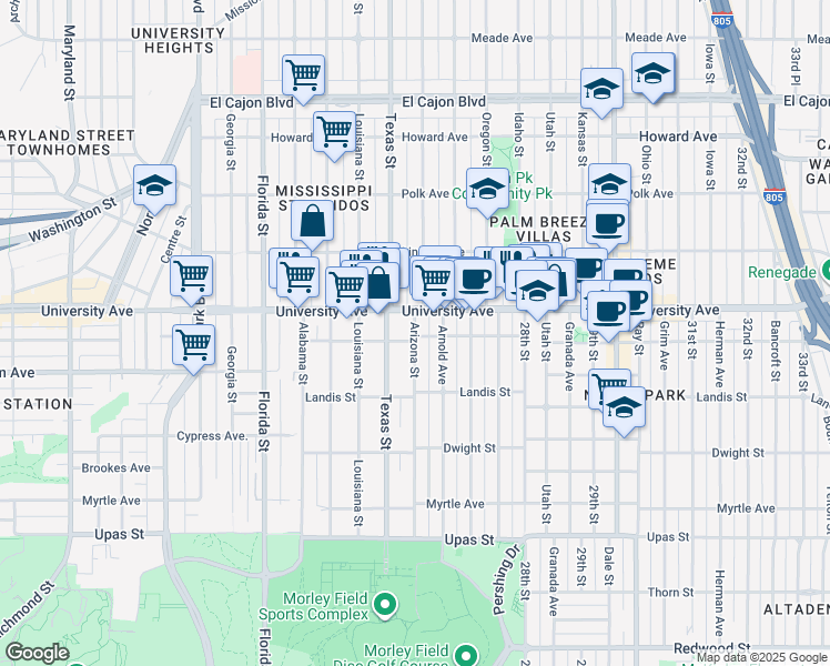 map of restaurants, bars, coffee shops, grocery stores, and more near 3822 1/2 Arizona Street in San Diego