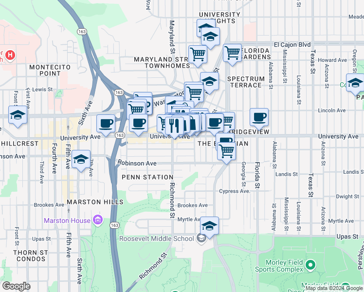 map of restaurants, bars, coffee shops, grocery stores, and more near 1451 University Avenue in San Diego