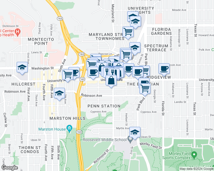 map of restaurants, bars, coffee shops, grocery stores, and more near 1295B University Avenue in San Diego