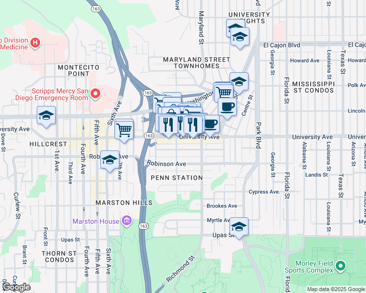 map of restaurants, bars, coffee shops, grocery stores, and more near in San Diego