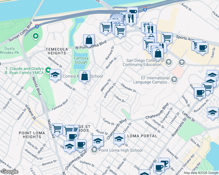 map of restaurants, bars, coffee shops, grocery stores, and more near 3755 Amaryllis Drive in San Diego