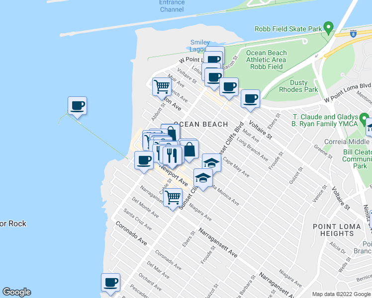 map of restaurants, bars, coffee shops, grocery stores, and more near 4961 Saratoga Avenue in San Diego