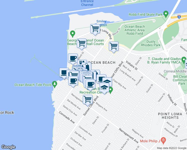 map of restaurants, bars, coffee shops, grocery stores, and more near 4961 Saratoga Avenue in San Diego