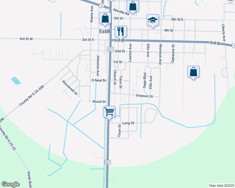 map of restaurants, bars, coffee shops, grocery stores, and more near 401-499 Tison Street in Estill