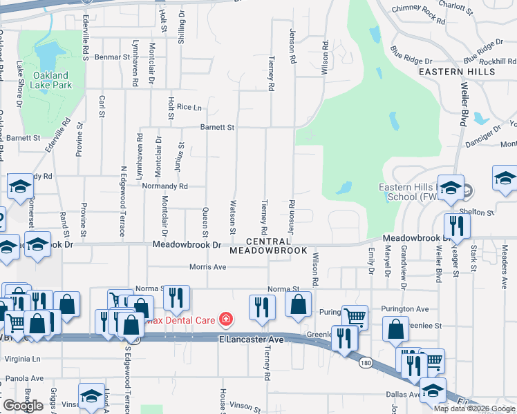 map of restaurants, bars, coffee shops, grocery stores, and more near 2201 Tierney Road in Fort Worth