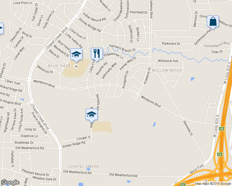 map of restaurants, bars, coffee shops, grocery stores, and more near 805 Panay Way Drive in Fort Worth