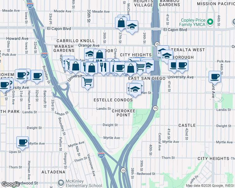 map of restaurants, bars, coffee shops, grocery stores, and more near 3655 Wightman Street in San Diego