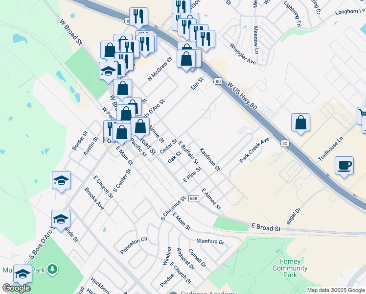 map of restaurants, bars, coffee shops, grocery stores, and more near 404 East Buffalo Street in Forney