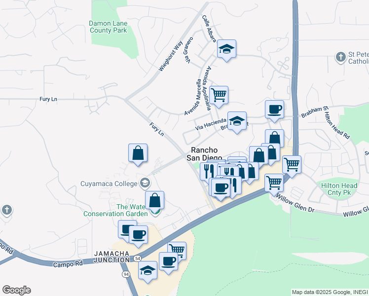 map of restaurants, bars, coffee shops, grocery stores, and more near 11880 Via Hacienda in El Cajon