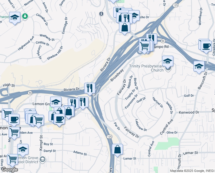 map of restaurants, bars, coffee shops, grocery stores, and more near 8383 Yellowstone Street in Lemon Grove