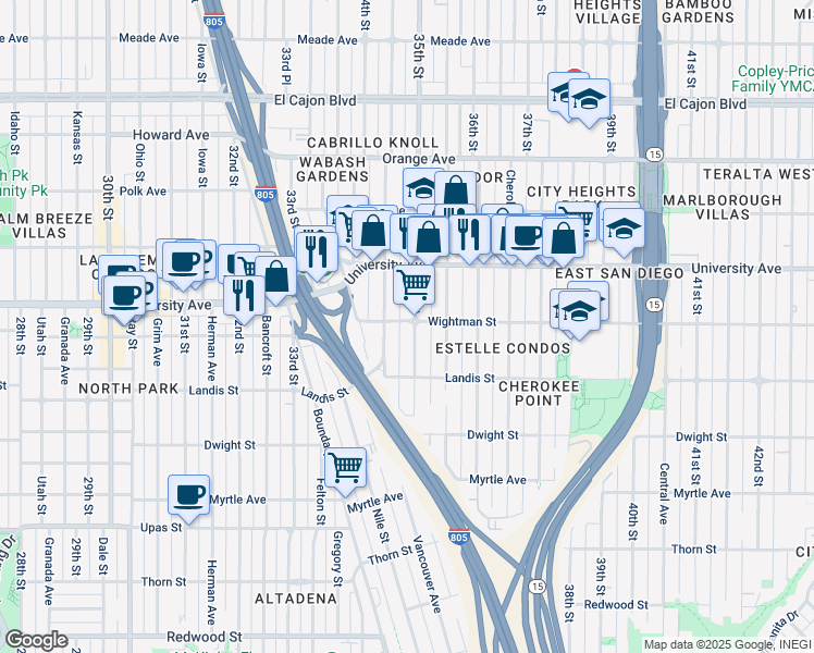 map of restaurants, bars, coffee shops, grocery stores, and more near 3806 35th Street in San Diego