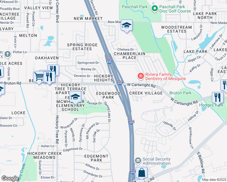 map of restaurants, bars, coffee shops, grocery stores, and more near 1616 Poplar Place in Mesquite