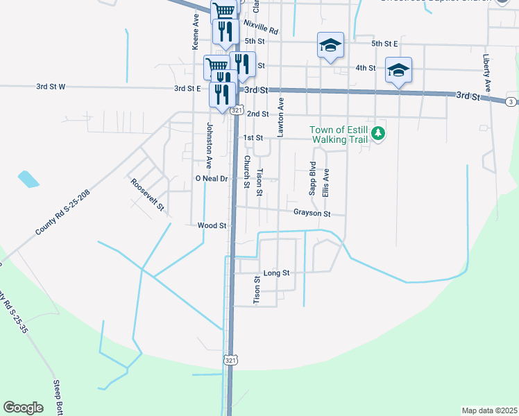 map of restaurants, bars, coffee shops, grocery stores, and more near 499 Tison Street in Estill