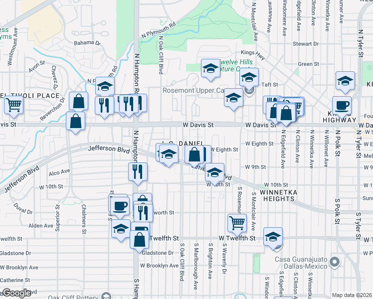 map of restaurants, bars, coffee shops, grocery stores, and more near 311 North Marlborough Avenue in Dallas