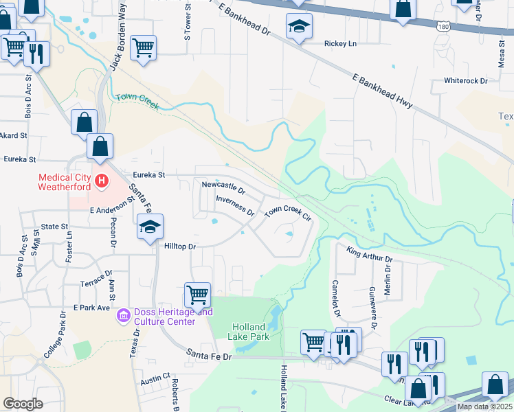 map of restaurants, bars, coffee shops, grocery stores, and more near 1001 Newcastle Drive in Weatherford