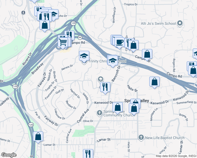 map of restaurants, bars, coffee shops, grocery stores, and more near 8942 Golf Drive in Spring Valley