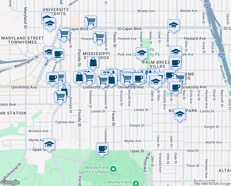 map of restaurants, bars, coffee shops, grocery stores, and more near in San Diego