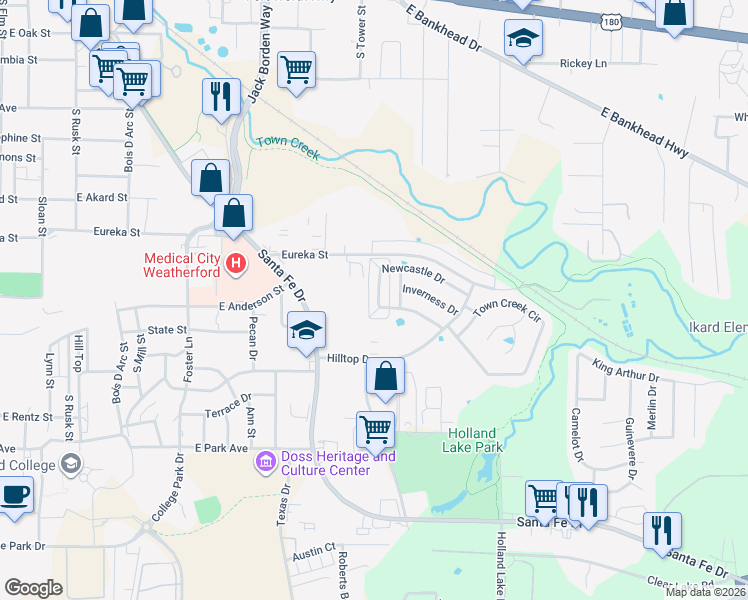 map of restaurants, bars, coffee shops, grocery stores, and more near 1137 Newcastle Drive in Weatherford