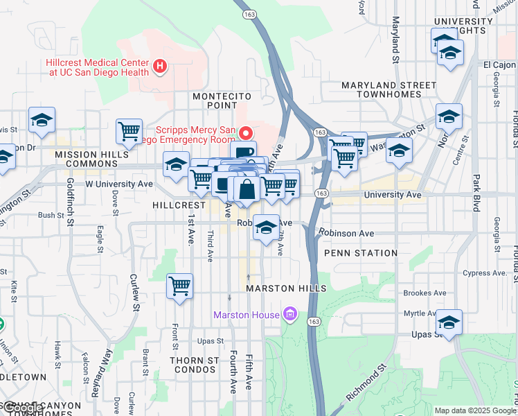 map of restaurants, bars, coffee shops, grocery stores, and more near 3880 Fifth Avenue in San Diego