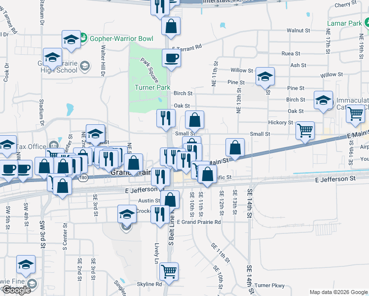 map of restaurants, bars, coffee shops, grocery stores, and more near 909 Davis Street in Grand Prairie