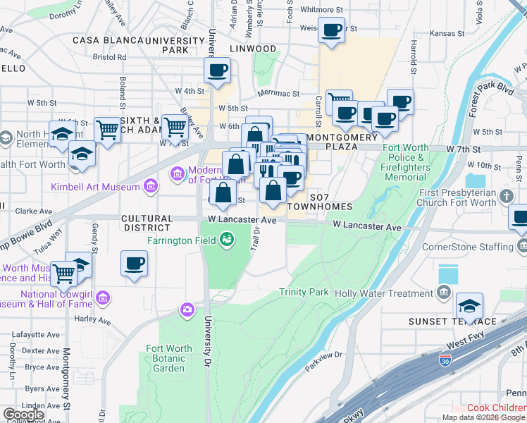 map of restaurants, bars, coffee shops, grocery stores, and more near 2825 Bledsoe Street in Fort Worth