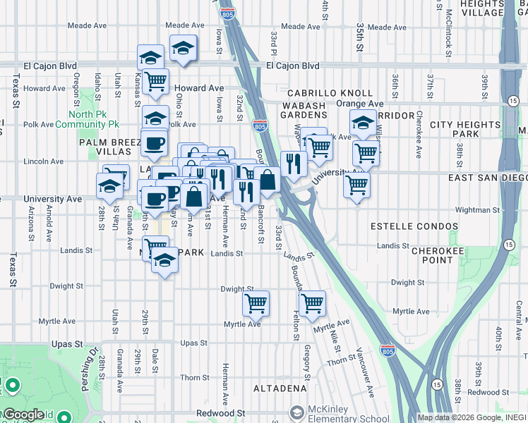 map of restaurants, bars, coffee shops, grocery stores, and more near in San Diego