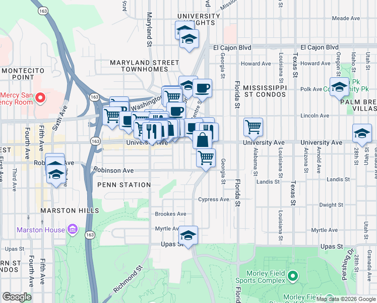 map of restaurants, bars, coffee shops, grocery stores, and more near in San Diego