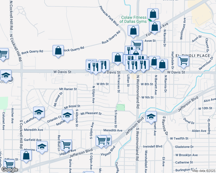 map of restaurants, bars, coffee shops, grocery stores, and more near 3606 West 8th Street in Dallas