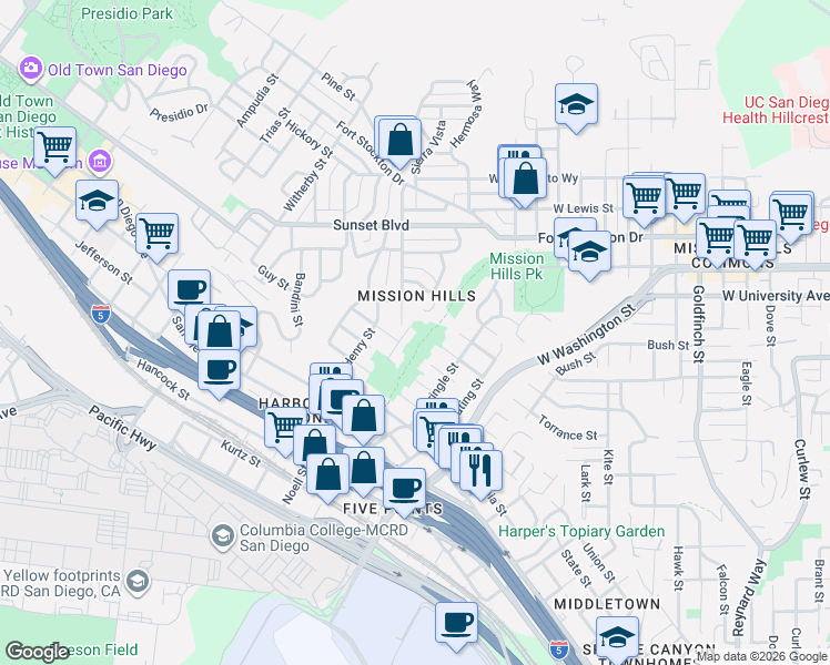 map of restaurants, bars, coffee shops, grocery stores, and more near 3912 Saint James Place in San Diego