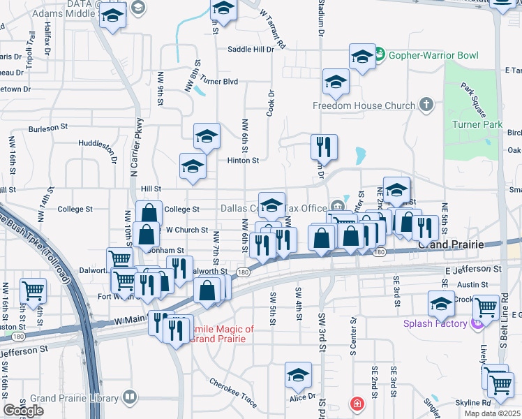 map of restaurants, bars, coffee shops, grocery stores, and more near 518 College Street in Grand Prairie