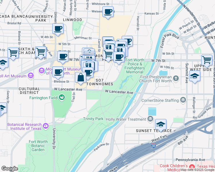 map of restaurants, bars, coffee shops, grocery stores, and more near 2501 Museum Way in Fort Worth