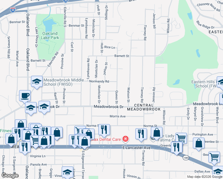 map of restaurants, bars, coffee shops, grocery stores, and more near 4801 Martha Lane in Fort Worth