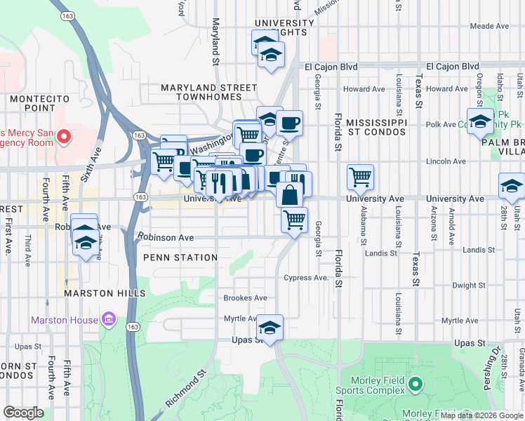 map of restaurants, bars, coffee shops, grocery stores, and more near 3824 Centre Street in San Diego