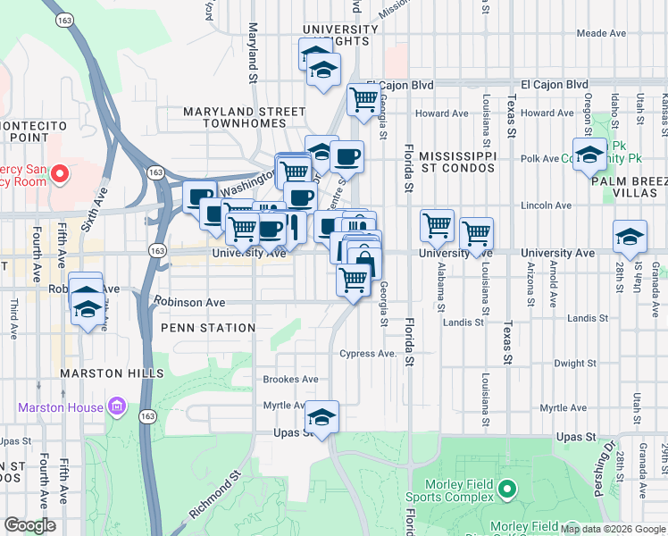 map of restaurants, bars, coffee shops, grocery stores, and more near in San Diego