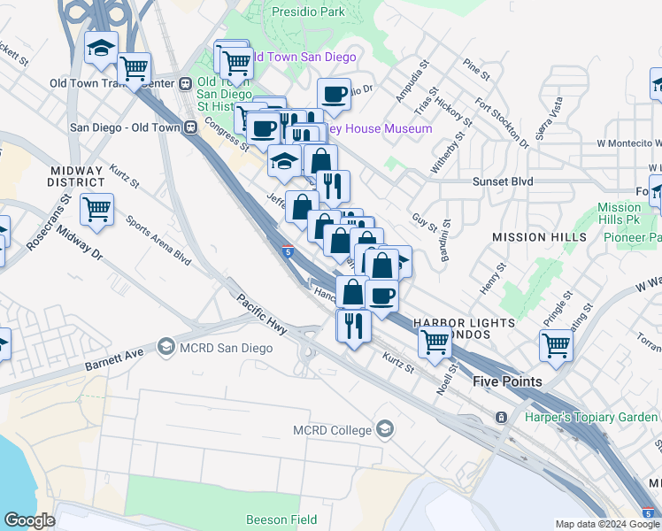 map of restaurants, bars, coffee shops, grocery stores, and more near 2254 Moore Street in San Diego