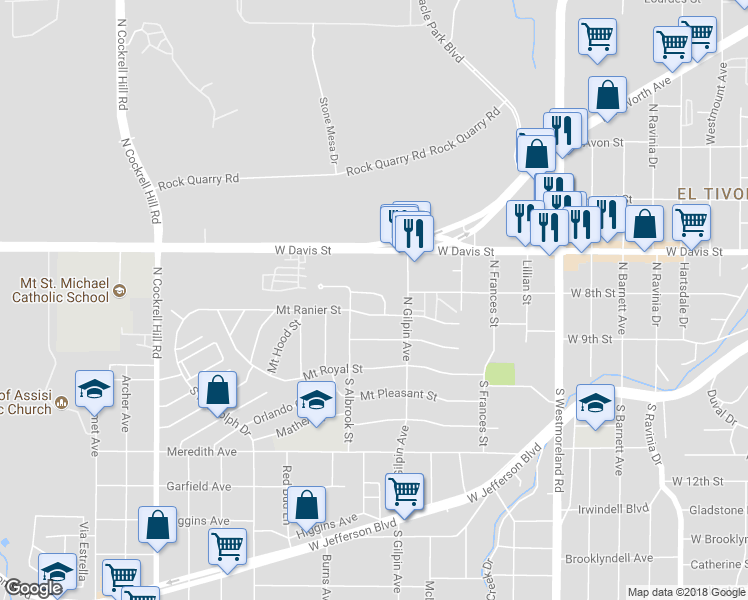 map of restaurants, bars, coffee shops, grocery stores, and more near 3828 Dismount Street in Dallas