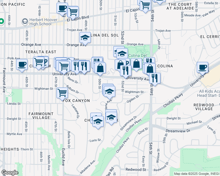 map of restaurants, bars, coffee shops, grocery stores, and more near 5048 Wightman Street in San Diego