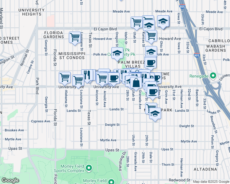map of restaurants, bars, coffee shops, grocery stores, and more near 3820 Pershing Avenue in San Diego