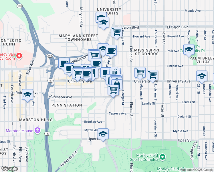 map of restaurants, bars, coffee shops, grocery stores, and more near in San Diego