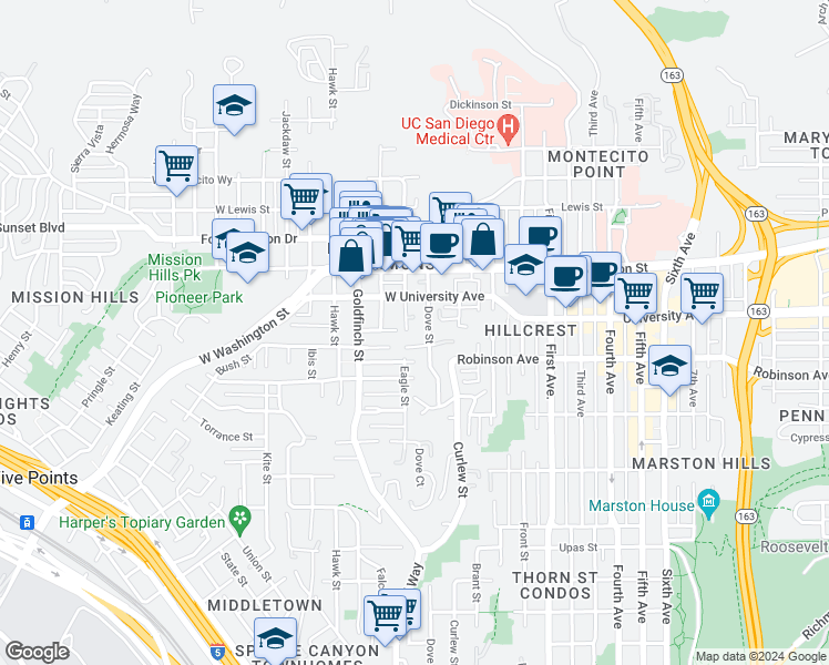 map of restaurants, bars, coffee shops, grocery stores, and more near 3840 Eagle Street in San Diego