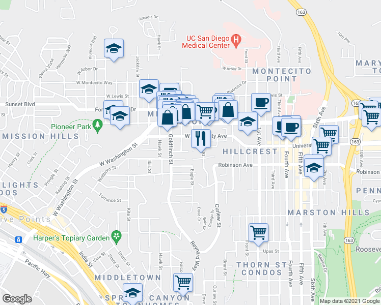 map of restaurants, bars, coffee shops, grocery stores, and more near 3840 Eagle Street in San Diego
