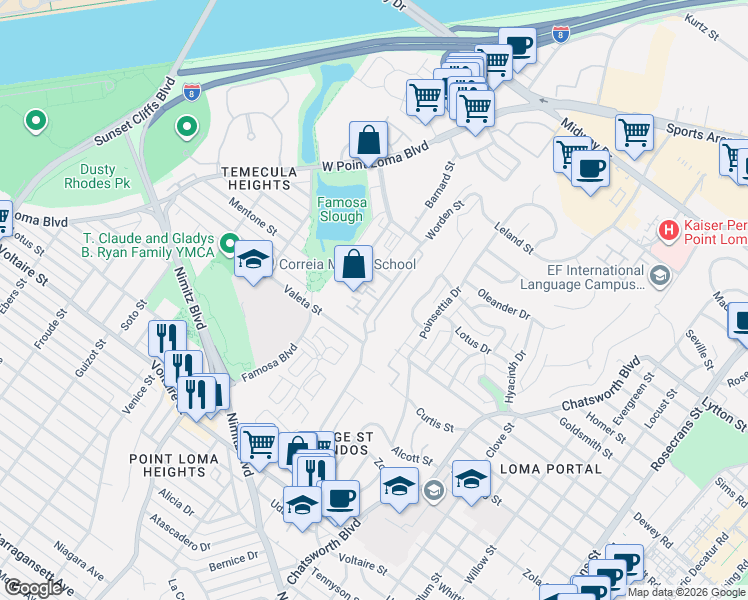 map of restaurants, bars, coffee shops, grocery stores, and more near 2654 Worden Street in San Diego