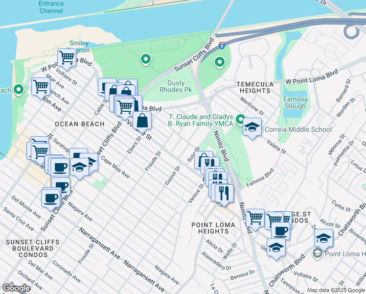 map of restaurants, bars, coffee shops, grocery stores, and more near 2242 Seaside Street in San Diego