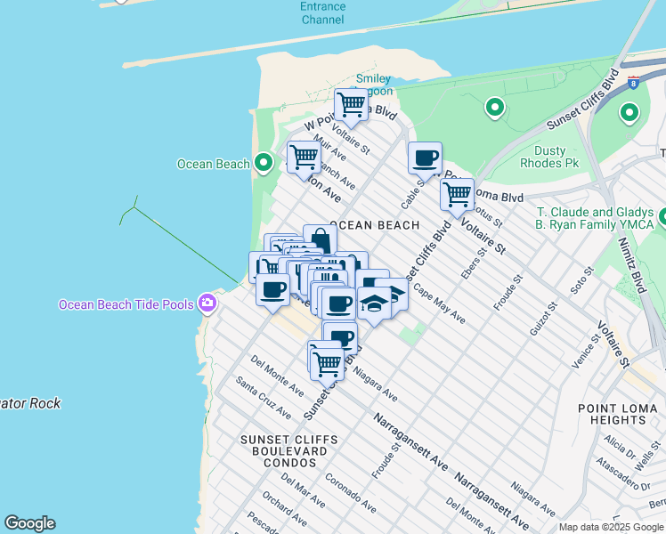 map of restaurants, bars, coffee shops, grocery stores, and more near 4961 Saratoga Avenue in San Diego