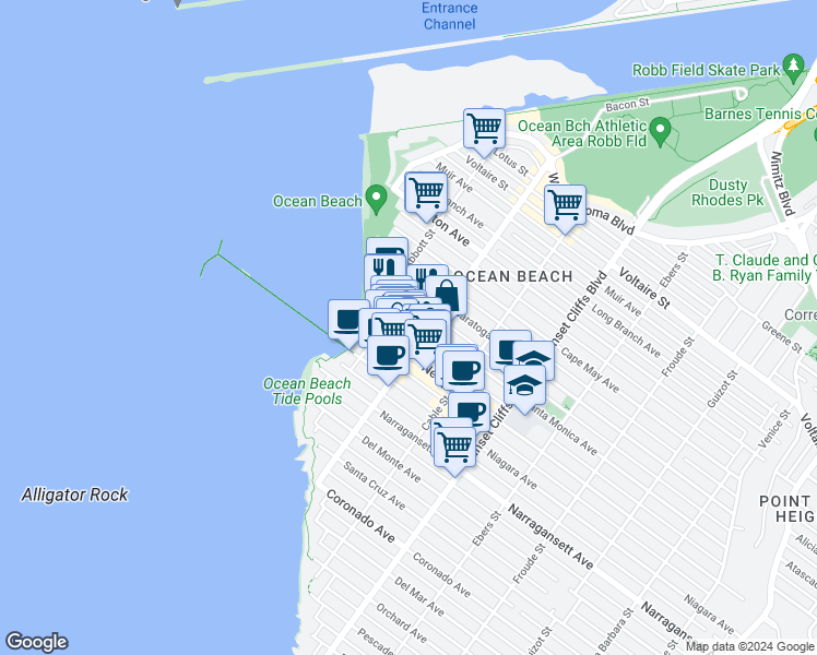 map of restaurants, bars, coffee shops, grocery stores, and more near 5016 Santa Monica Avenue in San Diego
