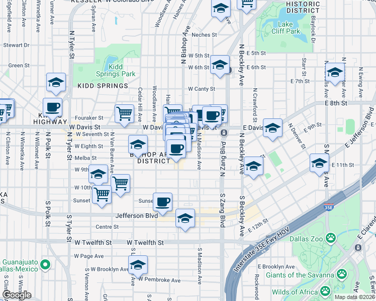 map of restaurants, bars, coffee shops, grocery stores, and more near 301 North Bishop Avenue in Dallas